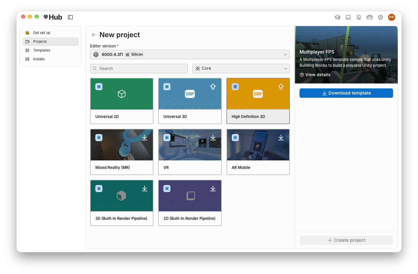 Unity Hub se seznamem nainstalovaných verzí a projektem