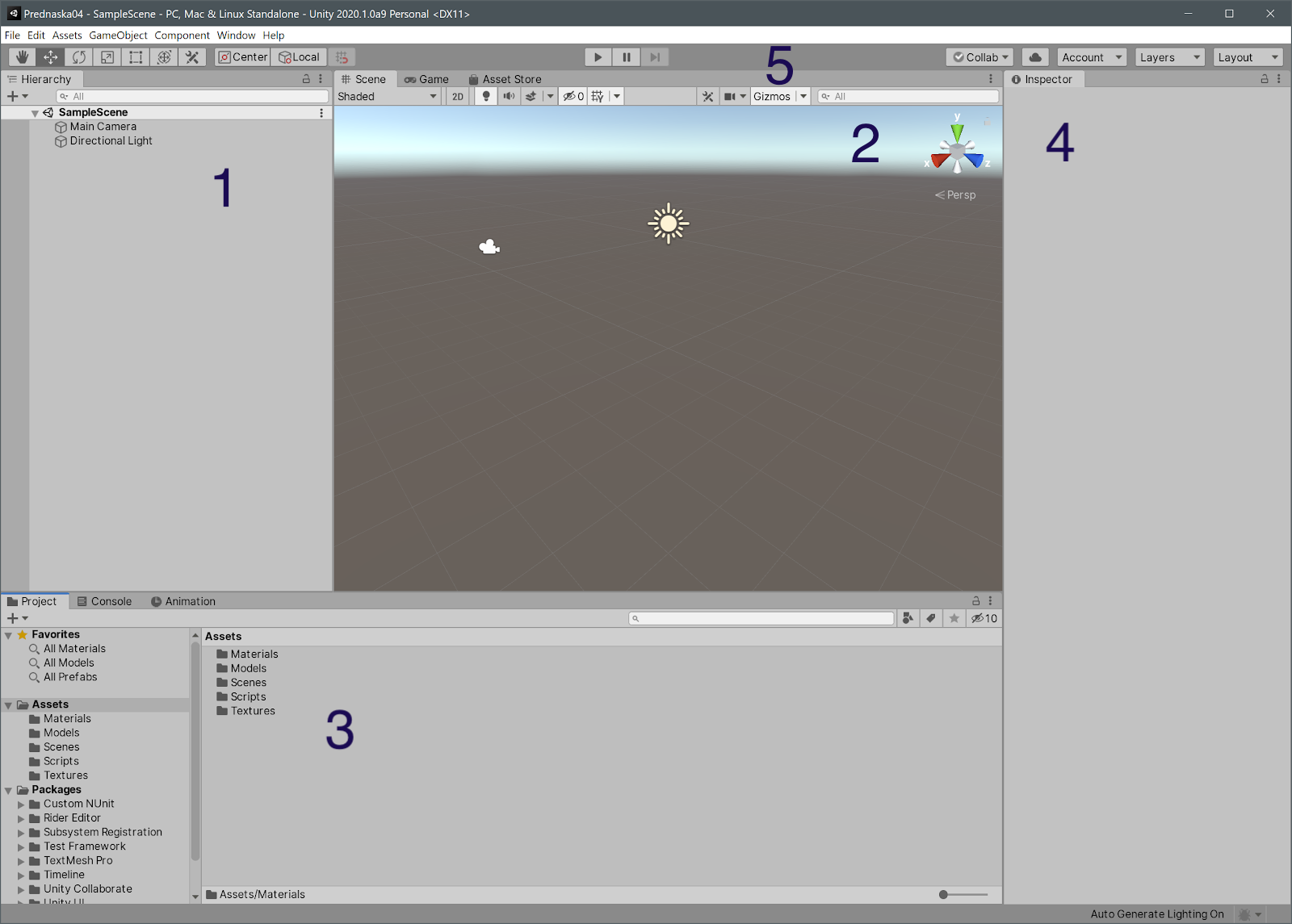 Hlavní okno editoru Unity s Hierarchy, Scene View, Inspectorem a Project panelem