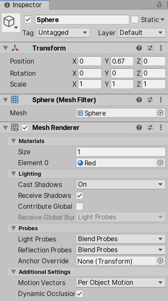 Inspektor objektu se jménem, tagem, vrstvou, zaškrtávkou Static a komponentami Transform, Mesh Filter a Mesh Renderer