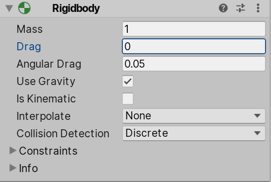 Inspektor komponenty Rigidbody