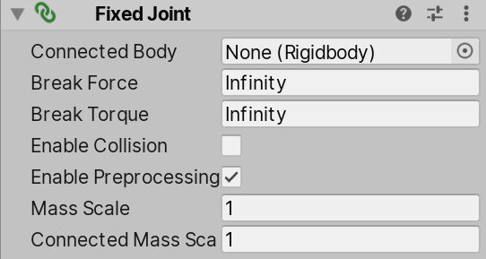 Inspektor komponenty Fixed Joint s Connected Body a Break Force
