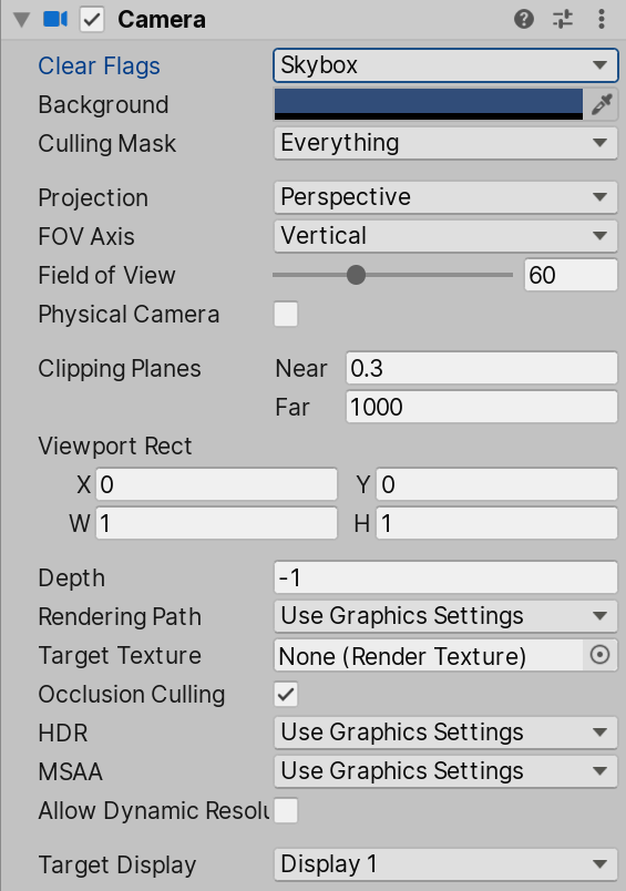 Inspektor komponenty Camera s Clear Flags, Background Color, Culling Mask, Clipping Planes, Projection a Field of View