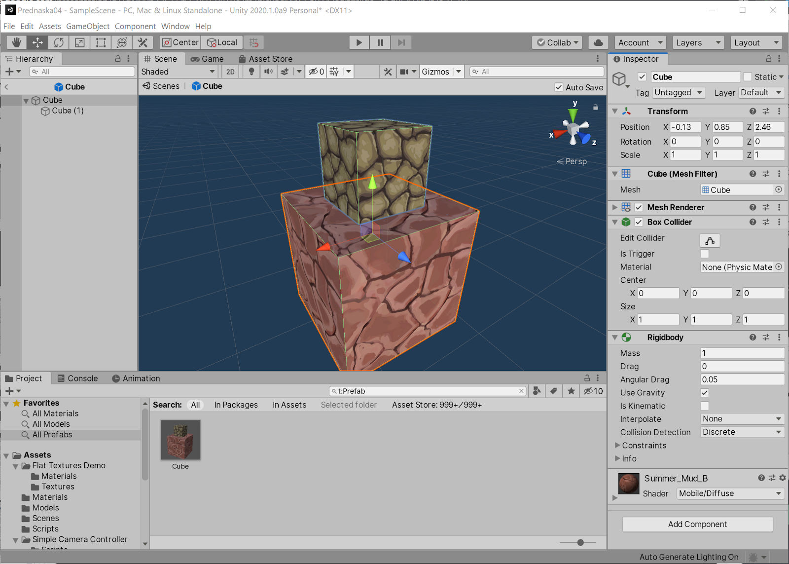 Editor Unity se scénou obsahující dva krychle a prefab Cube vybraný ve složce Prefabs