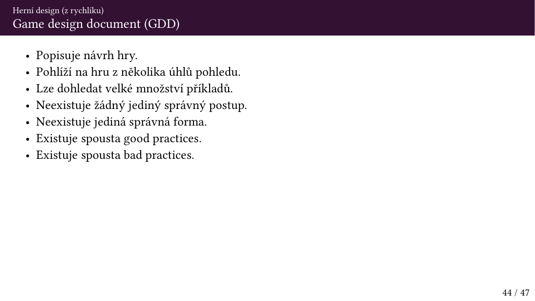 Původní snímek 44: Game design document (GDD)